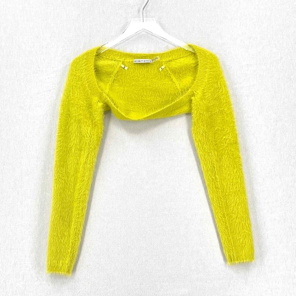 ALICE + OLIVIA Luetta Shrug Only Women Small Neon Lime Fuzzy Cropped Long Sleeve - Picture 4 of 13